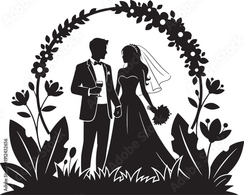 Black and white of bride and groom holding hands under floral arch wedding