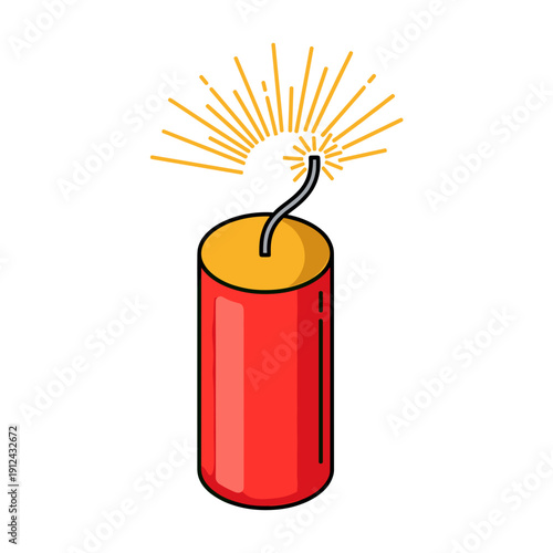 Red dynamite stick with burning fuse and sparks isolated on white background isometric view