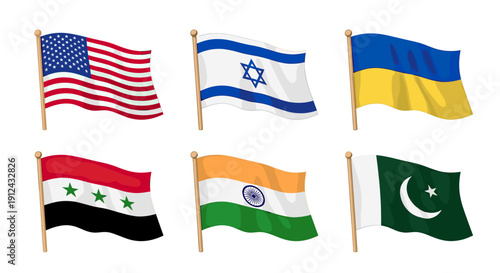 Set of Six National Flags Waving on Wooden Poles Against White Background