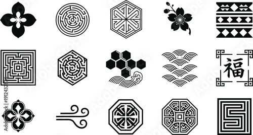 Asian geometric symbols and floral icons collection black vector labyrinth hexagon wave patterns decorative set