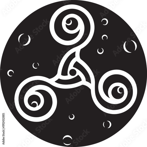 Black and white of whiskers with spiral patterns and crescent shapes circular