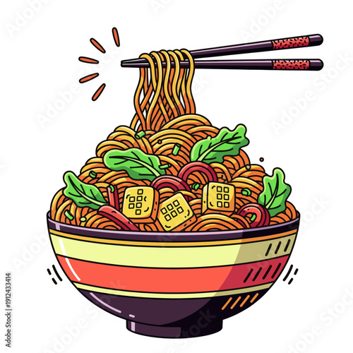 Pixel Art Bowl of Noodles with Chopsticks Overhead View