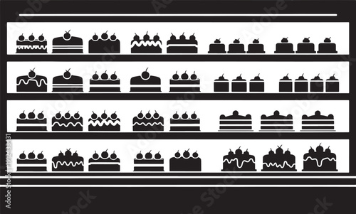 Black and white sketched cakes with various toppings and decorations