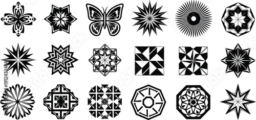 Bold geometric starburst ornaments collection black vector mandalas abstract floral decorative symmetry icons set
