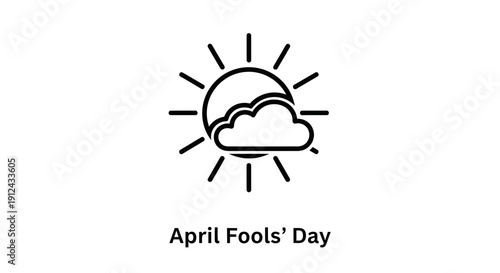 April Fools' Day Icon: Sun with Cloud and Rays, White Background
