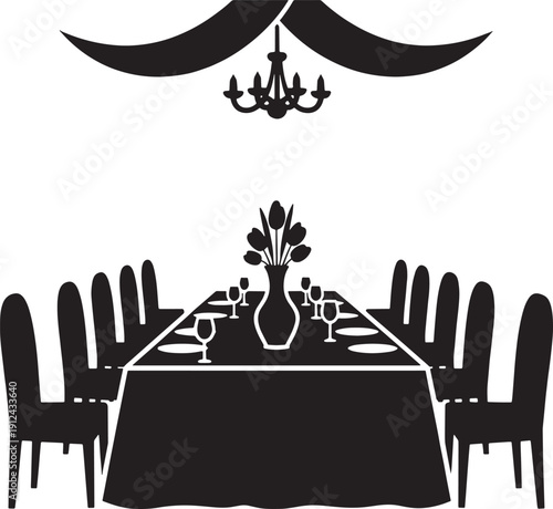 Black and white sketched dining table with chairs and vase of flowers