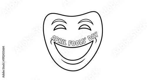 April Fools Day Mask with Laughing Face and Text, Outline Style