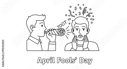 April Fools' Day Prank: Man Blowing Party Horn at Surprised Friend with Confetti