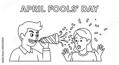 April Fools Day Prank: Man Blowing Party Horn at Surprised Woman with Confetti