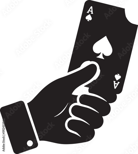 Black and white sketched hand holding playing cards with spade symbols