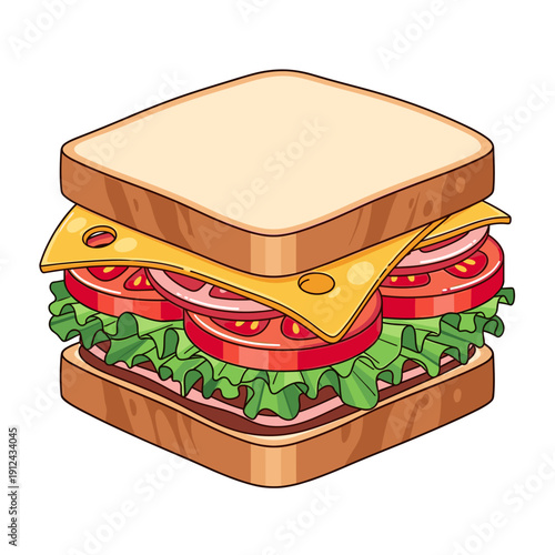 Layered Sandwich with Cheese Tomato Lettuce Ham and Bread