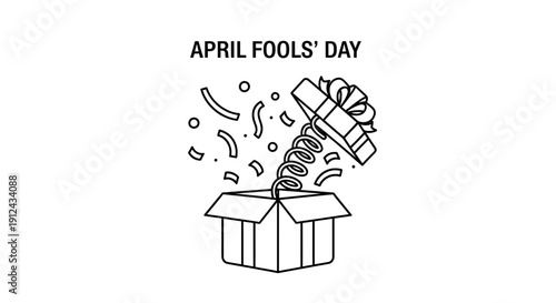April Fools Day Surprise Gift Box with Confetti - Outline Illustration