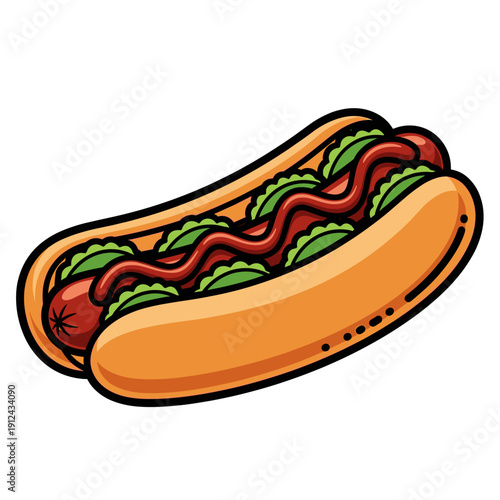 Cartoon Hot Dog with Mustard and Relish on White Background