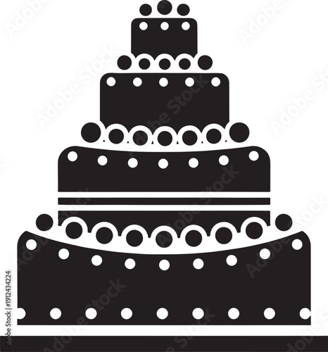lack and white sketched of a multi tiered cake with dots and circles.