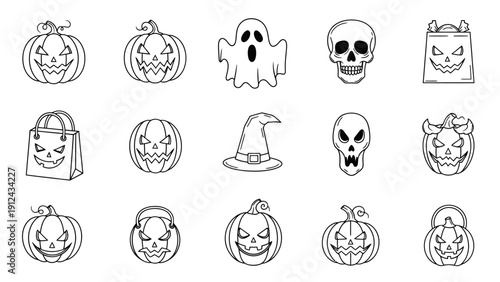 Collection of Halloween Themed Icon Set Featuring Pumpkins, Ghosts, and Cats.