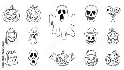 Halloween Themed Ghosts and Pumpkins Doodles and Icons in Simple Lineart Style.