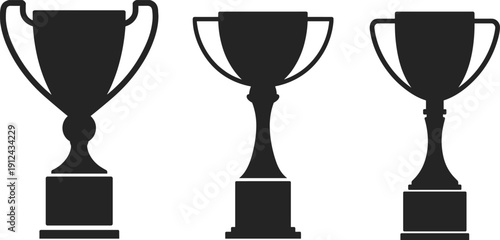Black trophy cup silhouette set isolated on white background, winner award icons collection for competition, championship, achievement, success concept design