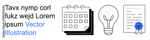 Time management, idea generation, certification, academic planning, business goals, professional growth. Calendar, light bulb certificate with a blue seal in a minimal style. Time management