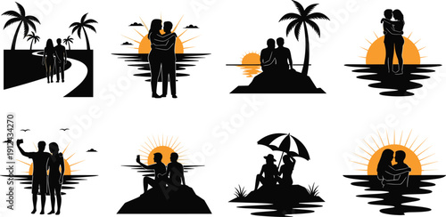Romantic couple silhouettes at tropical sunset beach, love and togetherness by the sea, summer vacation illustration with palm trees and ocean view