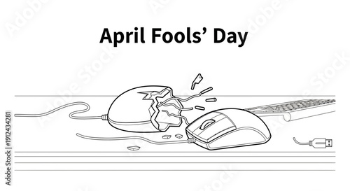 Broken Computer Mouse on Desk - April Fools' Day Joke Concept