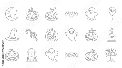 Whimsical hand-drawn Halloween pumpkin doodles and spooky characters collection.