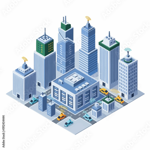 Isometric illustration of a modern cityscape with skyscrapers and urban infrastructure.