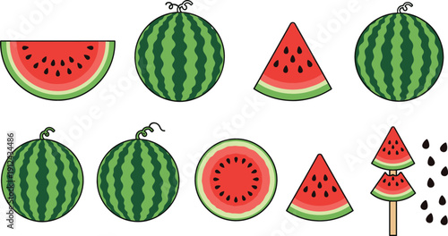Watermelon Vector Illustration Set with Whole and Sliced Fruit, Popsicle and Seeds for Summer Food, Fresh Dessert and Healthy Lifestyle Design