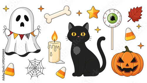 Halloween Sticker Collection: Ghost, Cat, Pumpkin and Spooky Icons Montage.