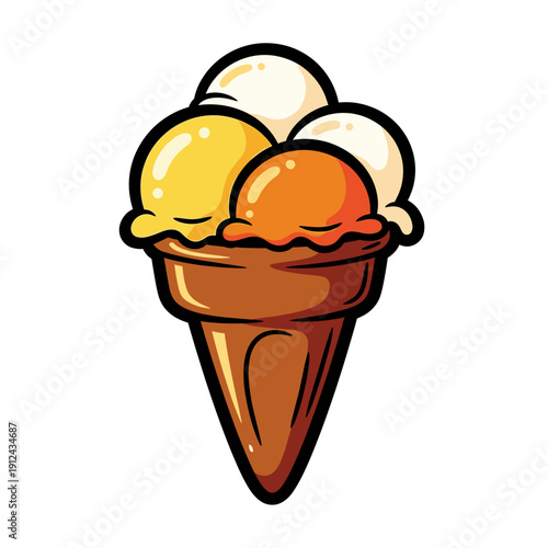 Three scoops of ice cream in a waffle cone with yellow orange and white flavors