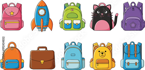 Cute Kids Backpack Vector Set with School Bags, Animal Characters and Rocket Design for Children Education, Travel and Cartoon Branding