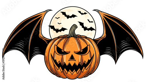 Halloween carved pumpkin with bat wings under a moonlit night in a spooky illustration asset.