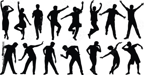 Collection of dancing people silhouettes isolated on white background, energetic men and women performing modern dance moves, party, celebration and active lifestyle concept