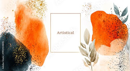 Abstract watercolor painting with orange, black, and beige tones, featuring gold speckles and leaves around a central white frame with the word 