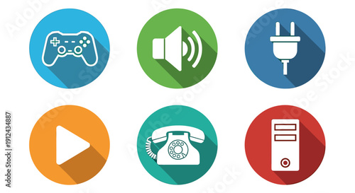 Set of six circular icons for gaming audio plug telephone and computer on blue green orange red and