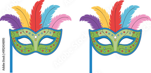 Carnival Masquerade Mask Vector Illustration Colorful Feathers and Ornate Design