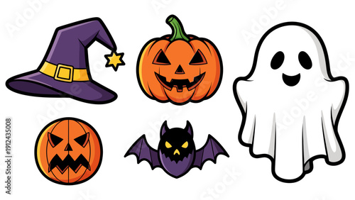 Halloween icons featuring witch hat, pumpkins, ghost and bat for festive decoration.