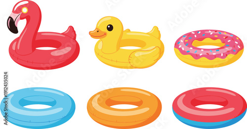 Colorful Inflatable Pool Float Vector Illustration Set with Flamingo, Duck and Donut Rings for Summer Vacation, Swimming and Beach Design