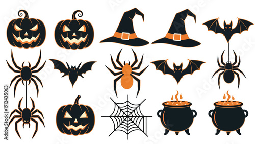 Halloween Icon Set Featuring Pumpkins, Witches Hats, Spiders, Bats and Cauldrons.