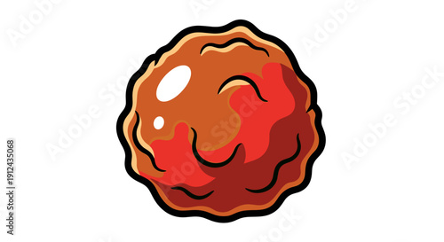 Cartoon Meatball with Red Sauce and Highlights on White Background