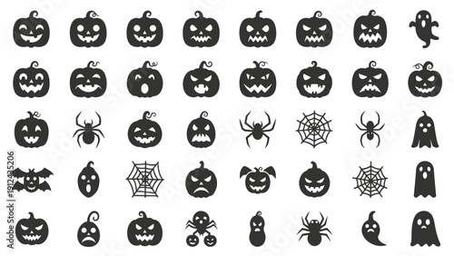 Diverse Halloween Icon Set with Pumpkins, Spiders, Bats and Skeleton Figures in Silhouette Style.