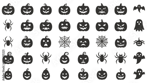 Collection of Halloween pumpkins, spiders, and cobwebs icons arranged in a grid pattern.