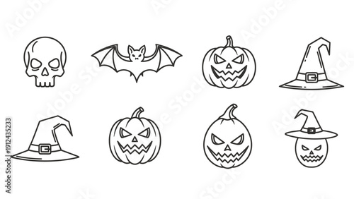 Collection of Halloween Line Art Icons: Skulls, Bats, Pumpkins and Witch Hats.