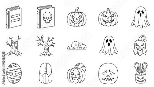 Collection of Halloween Themed Icons and Silhouettes for Creative Projects.