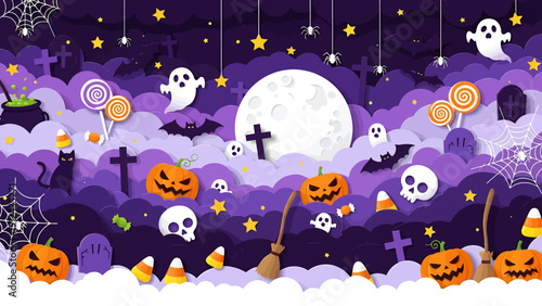 Evening Halloween Cemetery Scene with Pumpkins, Ghosts and Moonlit Night Sky.