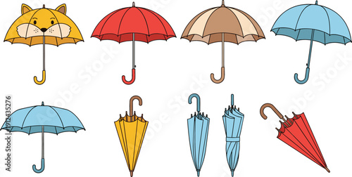 Colorful Umbrella Vector Illustration Set with Open and Closed Rain Umbrellas Including Cute Animal Design for Weather, Autumn and Kids Projects