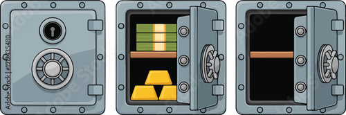 Security Safe Vector Illustration Set Closed, Open, and Empty Cash & Gold Storage