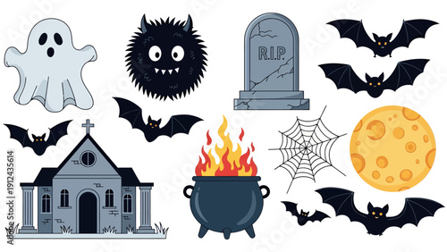 Halloween Themed Icon Set with Ghosts, Bats, Tombstone, Church, Cauldron, Web and Moon.