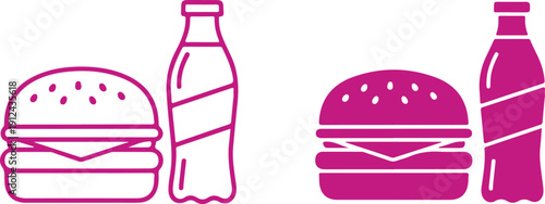 Hamburger and soda bottle icons in outline and solid styles for fast food menu designs. isolated on white background, illustration