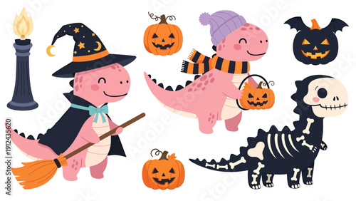 Whimsical Halloween Scene with Witches, Pumpkins, Skeletons and Spooky Creatures for a Fun Seasonal Illustration.
