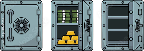 Security Safe Vector Illustration Set Closed, Open, and Empty Cash & Gold Storage